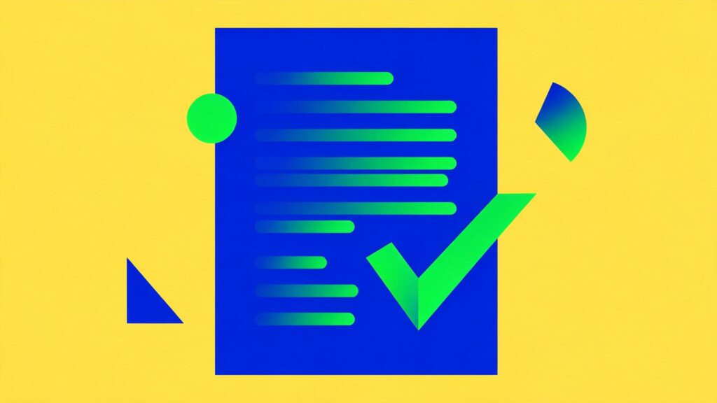 Documento geométrico azul com linhas em pílula e um sinal de confirmação verde